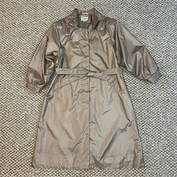 Vintage 80s Windsor Bay Belted Balloon Sleeve Trench Coat - Iridescent Champagne - Picture 2 of 16
